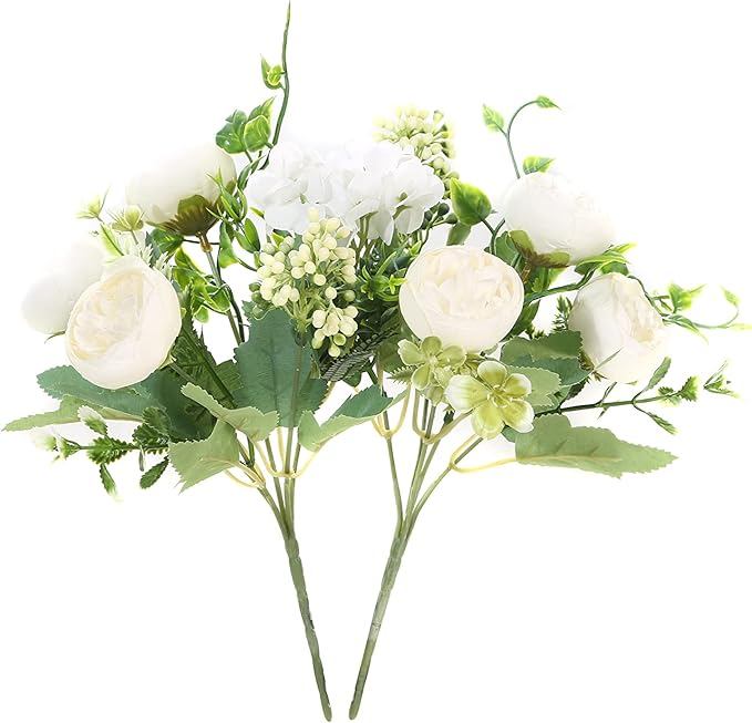 Artificial Flowers Fake Peony Silk Mini Plastic Bridal Flowers for DIY Wedding Bouquets Home Decorations 2 Packs(Cream)