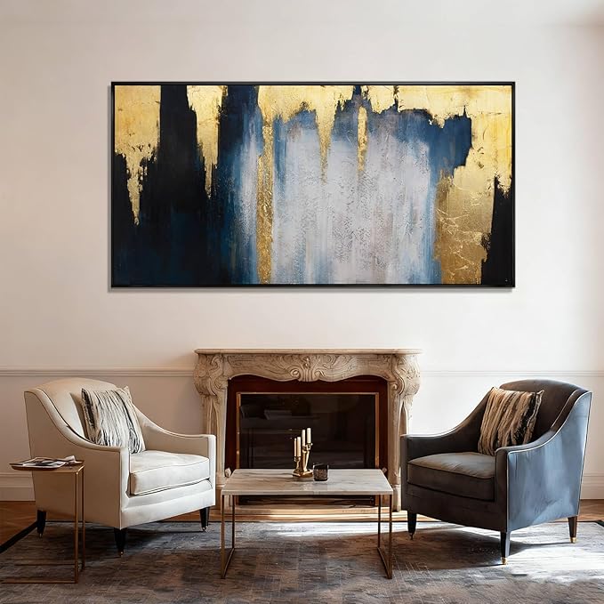 WINKAILIN Blue and Gold Abstract Canvas Wall Art with Frame Modern 29x58 Large Painting Minimalist Artwork for Living Room Bedroom Dining Room Decor