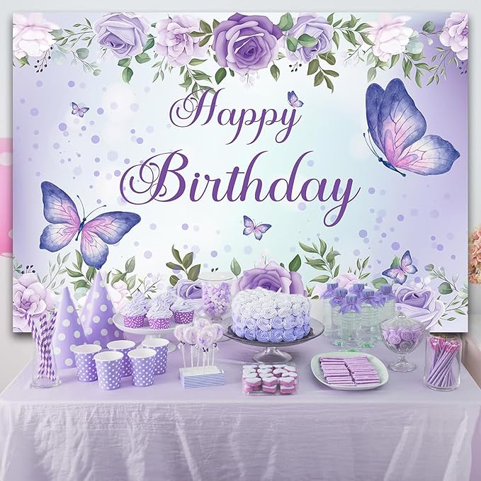 6x4Ft Butterfly Happy Birthday Backdrop Purple Butterfly Birthday Backdrops Decorations Girls Party Butterfly Photography Backdground Decoration Cake Table Banner