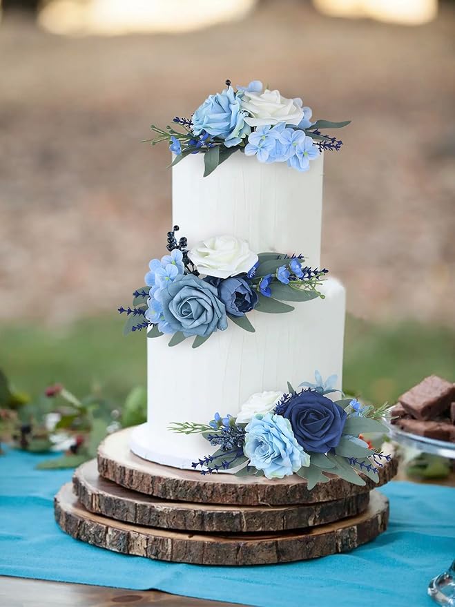 Rinlong 3Pcs Pre-made Cake Flowers Navy Blue Cake Decorations Wedding Cake Decorating Flowers Decor Christening Birthday Baby Shower Baptism Party Cake Toppers