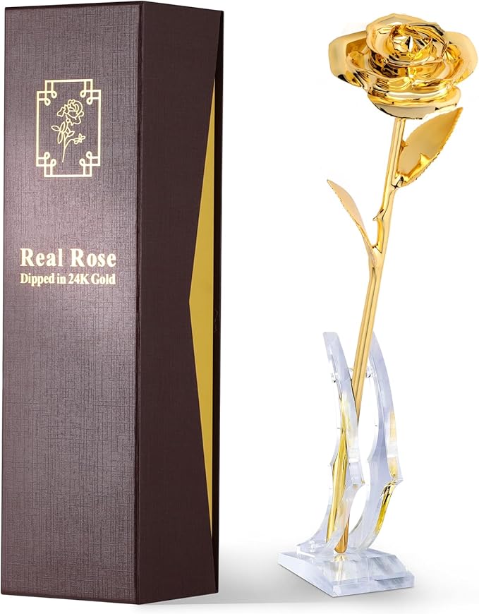 24K Gold Dipped Real Rose – Handcrafted, Elegant, One of a Kind – Romantic Gift for Her – Ideal for Birthday, Anniversary, Mother’s Day, Valentine’s (Gold)