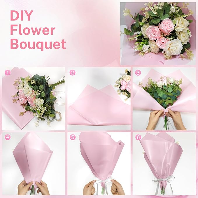YTDEK Flower Wrapping Paper 20 Sheets Light Pink Floral Bouquet Wrapping Paper with Ribbon for Florist Supplies Birthday Wedding Shower Anniversary Graduation