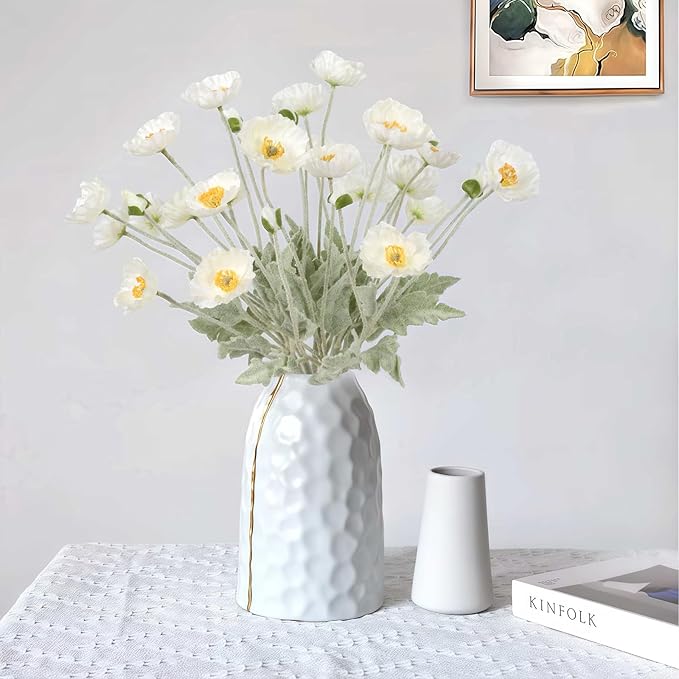 White Poppy Flowers Artificial,8PCS Fake Poppies 22.8" Realistic Silk Flowers with Stems for Wedding Party Table Centerpiece Home Decor(White)