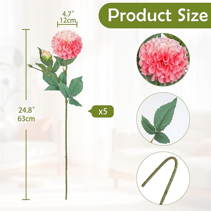 Hollyone 5PCS Dahlia Artificial Flowers 24.8" Pink Fake Ball Dahlias Silk Flowers Faux Roses Flower with Long Stems for DIY Wedding Bouquets Table Centerpieces Arrangements Bridal Party Home Decor