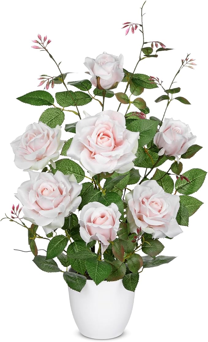 Hollyone Pink Fake Roses Artificial Flowers in Pot 23.6" Small Roses Tree Indoor Outdoor Faux Plants & Flowers Rose Silk Flowers Potted Plant Artificial Rose Floral Arrangement Desk Home Decor