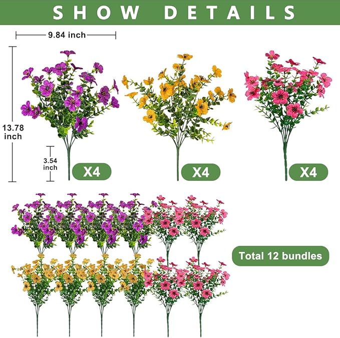 12 Bundles Artificial Flowers for Outdoor,UV Resistant Fake Flowers,Faux Plants for Outside Hanging Planters,Artificial Plants for Indoor Porch Garden Home Wedding Decor(Yellow,Fuchsia,Purple)