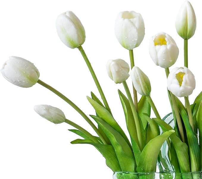 15pcs Artificial Tulips Flowers, Real Touch Latex Bouquet, Fake Tulips for Office Wedding Party Home Kitchen Garden Decoration-B White