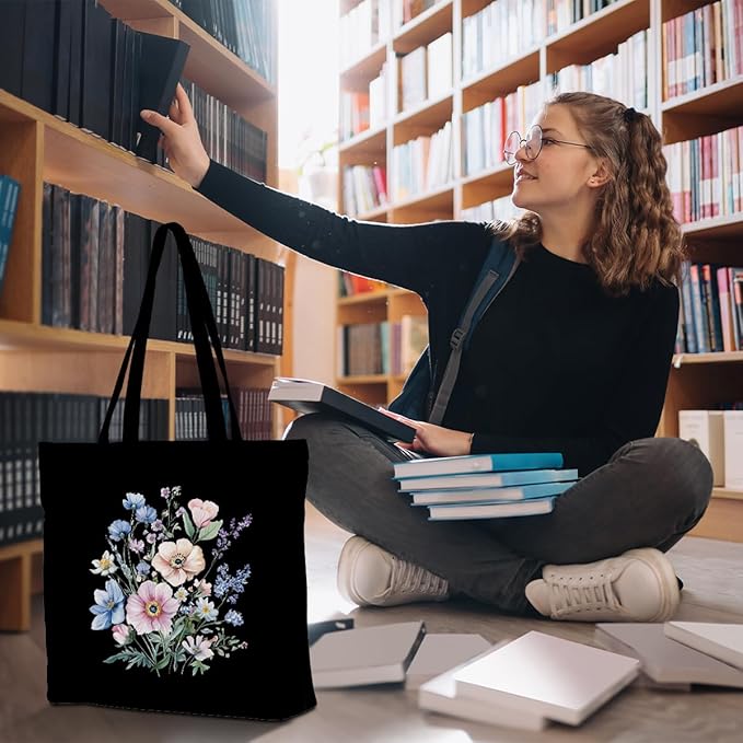 Decohim Floral Butterfly Canvas Tote Bag Boho Canvas Bag with Pocket for Work Office Women Girl Christmas Birthday Gifts