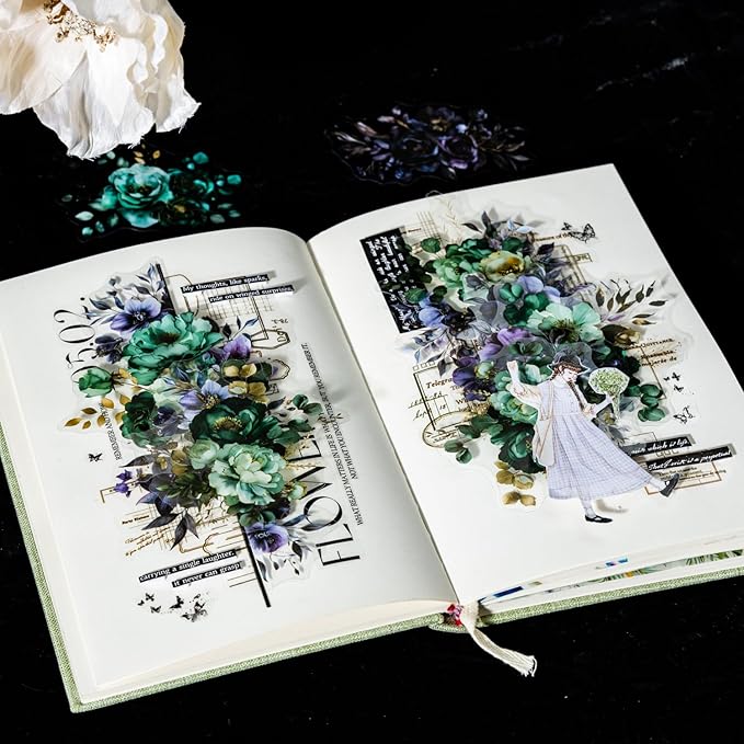 Blooming in The Dark Night PET Stickers, 120 Pcs Gothic Dark Floral Stickers for Scrapbooking, Journaling, Collage Supplies, and DIY Crafts