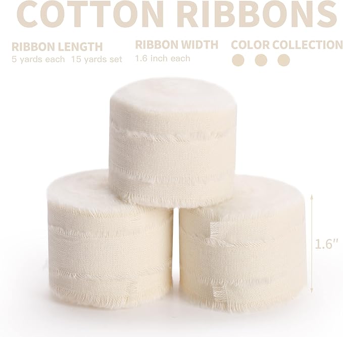 Ivory Ribbon 1-1/2 x 15 Yards Handmade Cotton Frayed Fringe Fabric Ribbons for Crafts Flower Bouquets Wedding Baby Shower Home DIY Decor