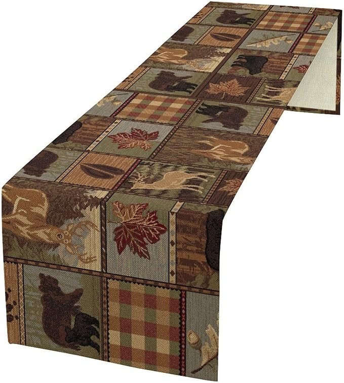 Rustic Bear Table Runner, Vintage Cottage Country Style Pine Tree Elk Wildlife Dinner Runner for Home Kitchen Dining Table Decoration 13"x120"
