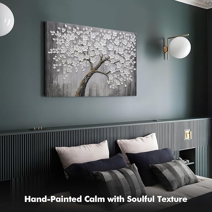 JUHOME Hand-Painted Black and White Thick Texture Flowers Abstract Oil Painting Wall Art,Floral Plum Blossom Tree with Raised Details,Modern Neutral Wall Decor for Home Bedroom,24x36