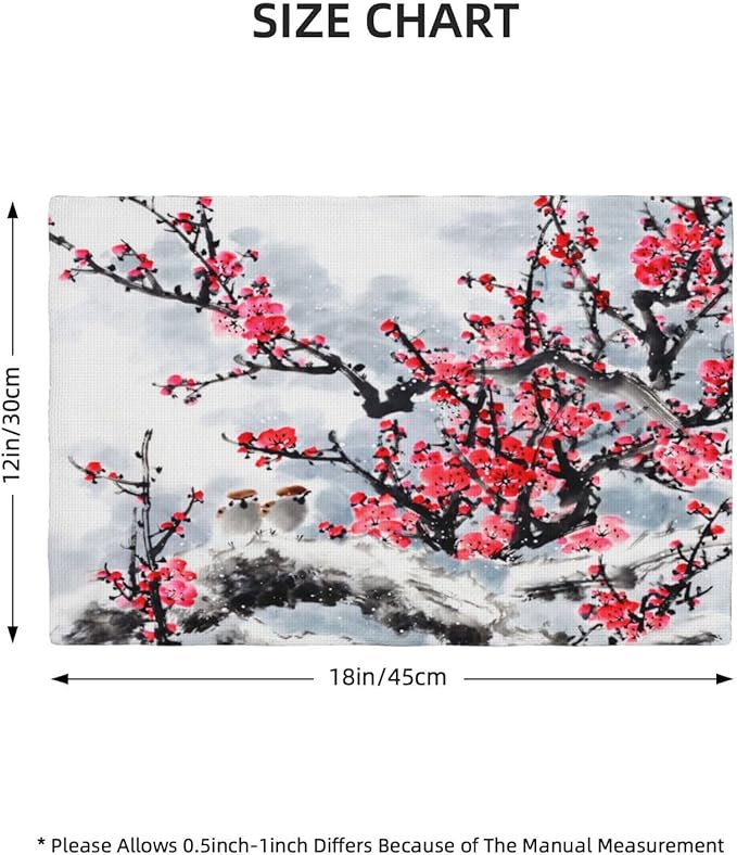 Ink Painting Cherry Blossoms Placemats Set of 4,Vintage Chinese Art Ink Painting Flower Linen Placemats Decoration for Family Dinners, Party, Holidays, Gathering 4 PCS