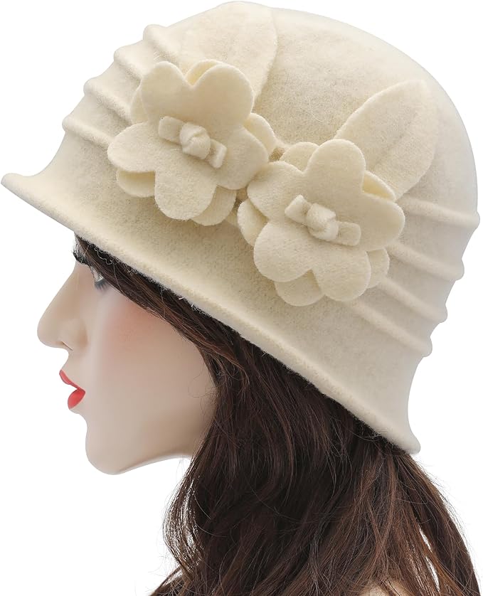 ZLYC Women Wool Cloche Bucket Hat 1920s Vintage Dress Winter Hats with Flower Accent