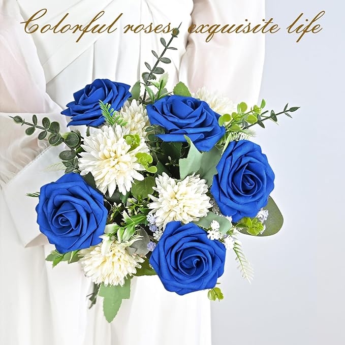BLEUM CADE 36Pcs Artificial Flowers Fake Roses with Stems, Royal Blue Boxed Foam Roses for DIY Bouquets Centerpieces Wedding Party Arrangement Bridal Shower Decor