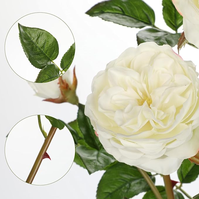 Real Touch Artificial Roses (Set of 3) – 23.6" Long Stem White Garden Roses – Lifelike Faux Silk Flowers for Wedding Bouquets, Home Décor, Centerpieces & Floral Arrangements