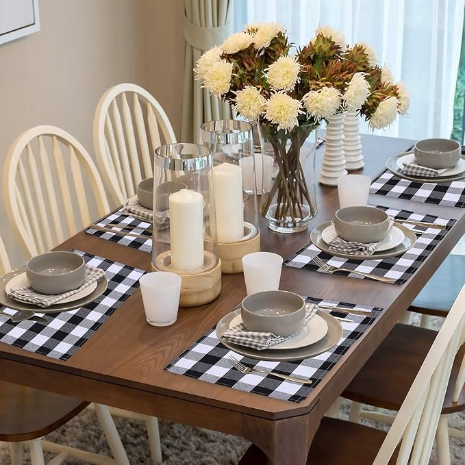 Aneco 4 Pack Buffalo Plaid Placemats Checkered Place Mats Double Layer Placemats 13 x 19 Inches Decorative Kitchen Cotton Table Placemats, Black and White