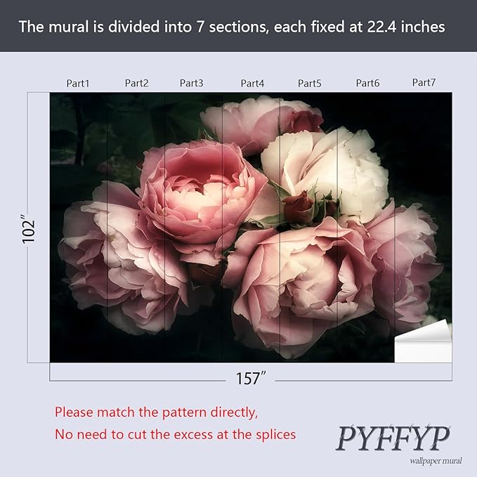 PYFFYP- Pink Peony Floral Wallpaper Rose Flower Wall Mural for Bedroom(Not Peel and Stick)