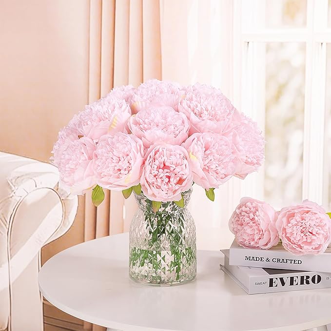 U'Artlines 2 Bouquet 10 Heads Artificial Peony Silk Flower Leaf Home Office Wedding Party Festival Bar Decor (Light Pink)
