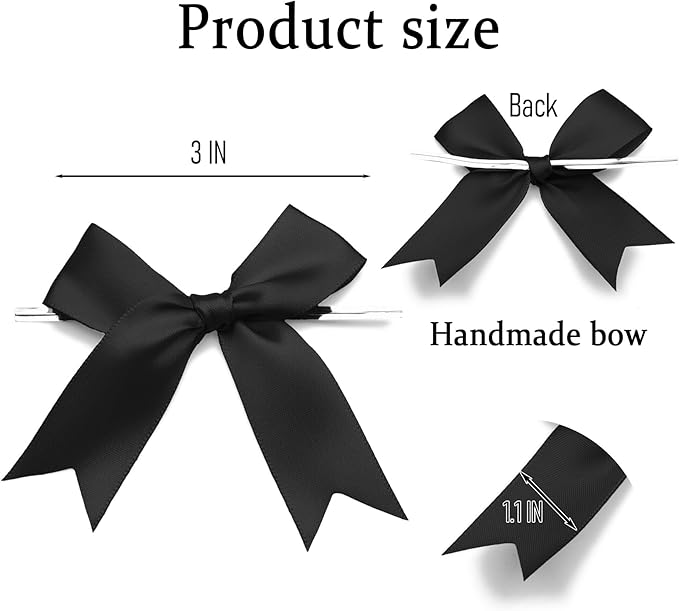 50 Counts Black Twist Tie Bows 3.1" Pre-Tied Satin Ribbon Bow Decor Mini Twist Tie Bows for Gift Wrapping Treat Bags Cake Bridal Baby Shower Birthday Party Favors Wedding Decorations