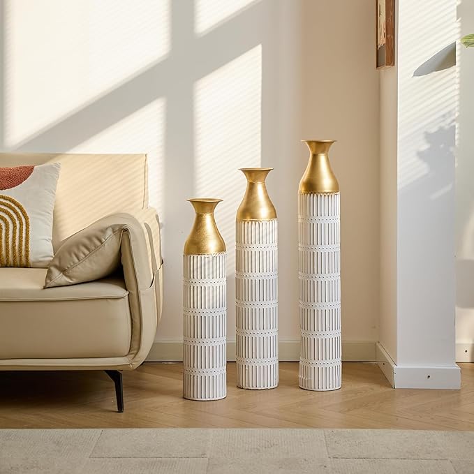 Floor Oversized Gold Metal Decorative Vase with 3D Triangle Pattern Set of 3 Large Vases for Home Living Room 33.5 ", 29.5 ", 25.2" High (Retro White)