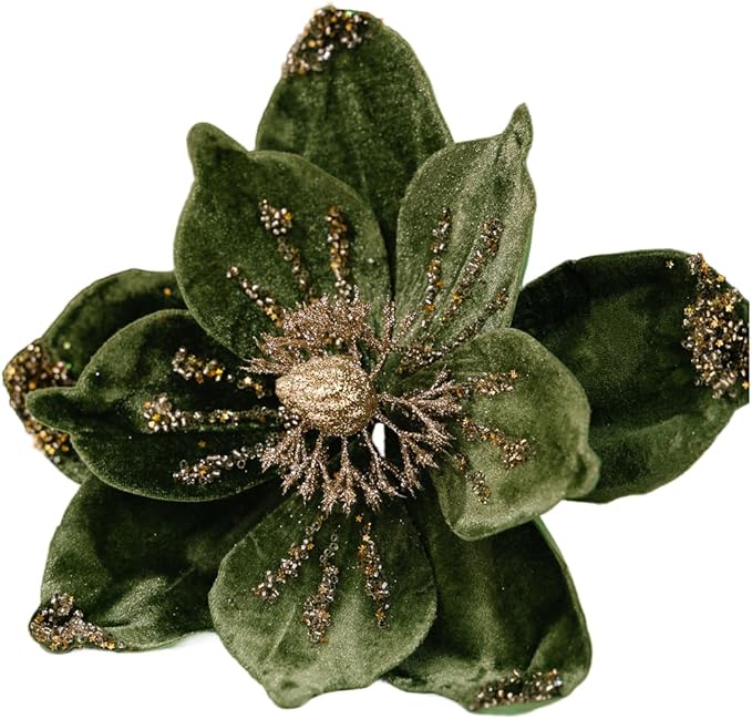 Set of 4 Gold Glitter Christmas Floral Decorations with Soft Flannelette, 15x26cm Artificial Flowers for Holiday Tree Ornaments, Wreaths, and Festive Tabletop Arrangements