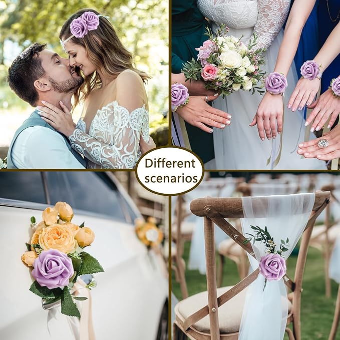 Light Purple Artificial Roses Flowers 100pcs Real Looking Foam Fake Roses with Stems for DIY Wedding Bouquets Bridal Shower Centerpieces Party Decorations (Light Purple)