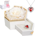 Preserved White Real Rose with Necklace Forever Flowers Diamond shaped Box for Mom Wife Girlfriend Grandma on Mothers Day Birthday Valentines Christmas Anniversary Beatiful Gifts for women