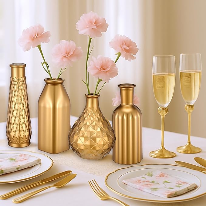 Set of 4 Gold Bud Vases - Small Gold Vases for Centerpieces, Elegant Glass Decorative Bud Vase for Wedding, Home, Table Decor with Vintage Golden Finish