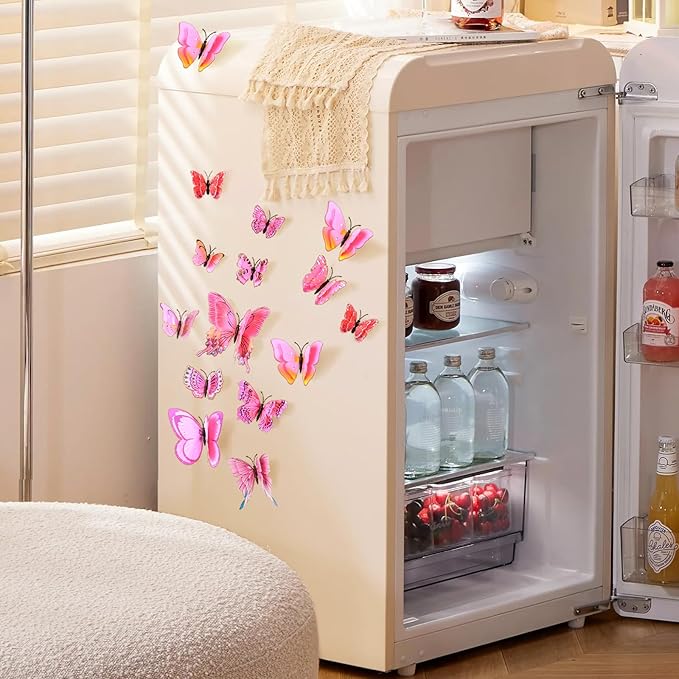 SAOROPEB 3D Butterfly Wall Decor, 24 Pcs Double Layer Butterfly Decorations for Party Decorations Locker Decor Refrigerator Decal, Reusable (Pink)