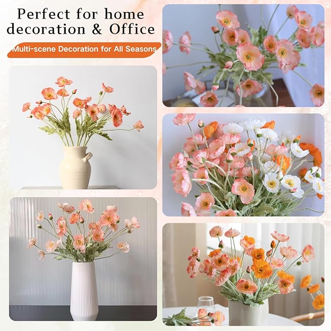 ASTRYAS Artificial Flowers 8 Stems Poppy Silk Bouquet,Fake Pooppies Flowers for Wedding, Home, Party Decoration,Table Centerpiece Arrangement(Coral Pink, 8pcs)