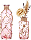 Chuangdi Set of 2 Coastal Glass Vases for Flower Small Flower Vase with Boho Rope Wrapping Beach Decorative Bottle for Coastal Nautical Table Centerpiece Wedding Floral Arrangement Decor(Pink)