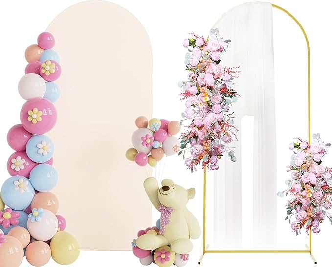 Putros 6ft Metal Arch Stand with Cover Beige Spandex Fitted Wedding Arch Cover and Round Top Chiara Backdrop Stand Set for Birthday Party Baby Shower Decoration