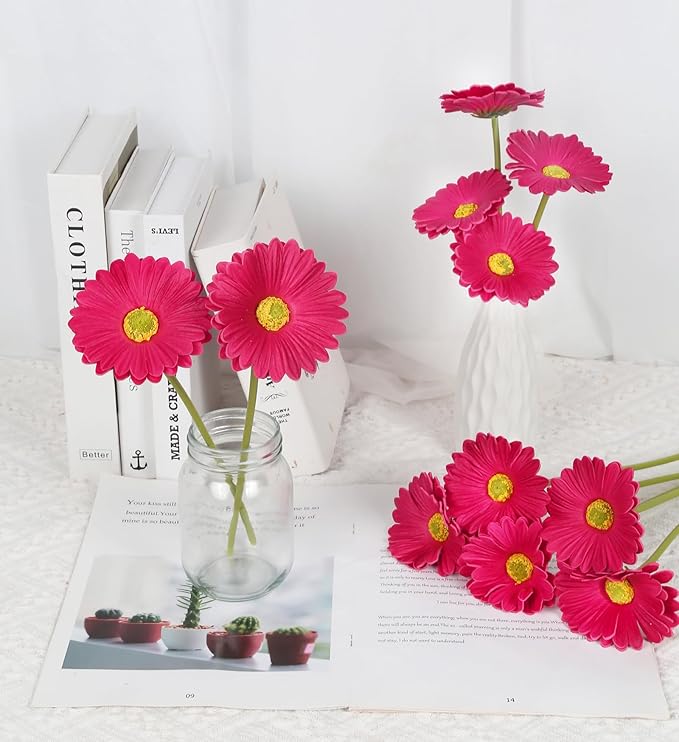 IPOPU Daisies Flowers Artificial,20PCS Gerbera Daisy Artificial Flowers Fake Daisies for Wedding Party Office Home Decorations(Rose Red)
