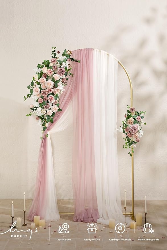 Ling's moment Wedding Arch Backdrop Stand with Flowers - 7.2FT Metal Arch Frame with Drapes for Ceremony Decor - Artificial Floral Birthday Party, Bridal Shower, Outdoor Garden, Pink Dusty Rose, Gold