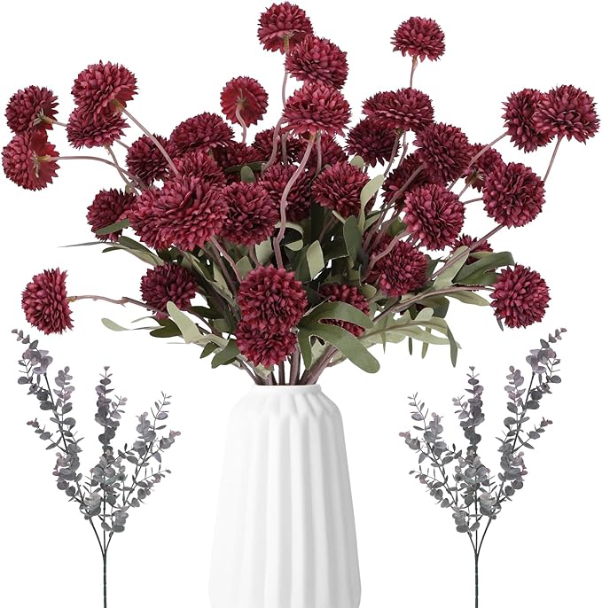 Burgundy Pompon Mum Artificial Flowers with Eucalyptus – 10 Bundles Fake Silk Flowers for Vase , 21’’ Long Stems for Christmas Table Centerpieces, Winter Floral Arrangements & Rustic Home Décor