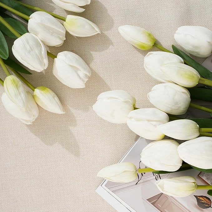 Real Touch Artificial Tulips, 20pcs Fake Tulip Flowers Stem, PU Faux Tulips 19.7” for Mother's Day, Home Decor, Wedding, Easter Valentine's Gift, Table Centerpiece, Floral Arrangements, White