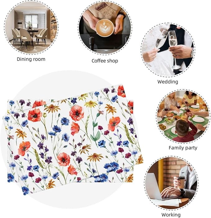 Placemats 4 pcs Watercolor Flower Double-Layer Imitation Linen Place Mats Non-Slip Heat-Resistant Tablemats for Home Restaurant Hotel 18×12 Inch
