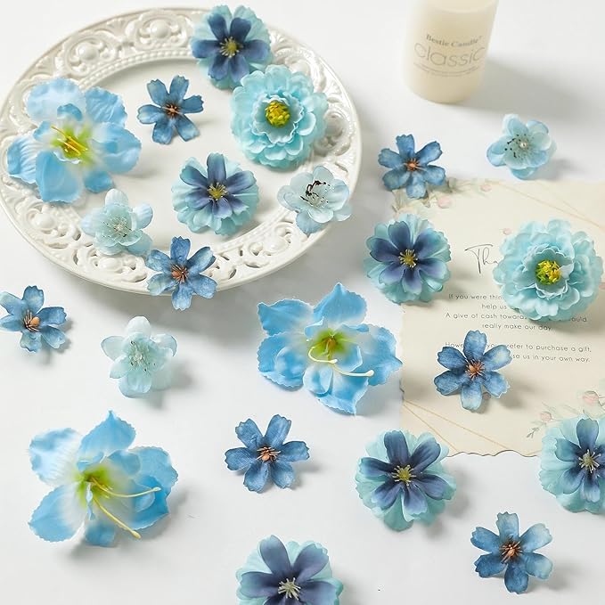 210Pcs Mini Fake Flower Heads Blue Small Silk Faux Flower Heads Artificial Rose Daisy Multicolor Flowers Bulk for Cake Crafts DIY Graduation Cap Wedding Hair Dresses Wreath Party Home Decor