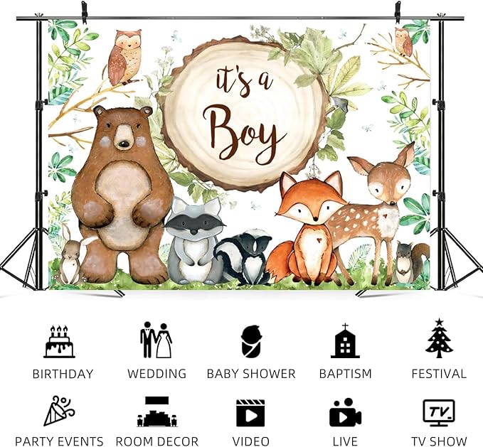20x10ft Woodland Baby Shower Backdrop It's a Boy Photography Background Jungle Green Grass Leaves Animals Bear Fox Deer Baby Boys Party Banner Decorations Newborn Portrait Photo Booth Prop