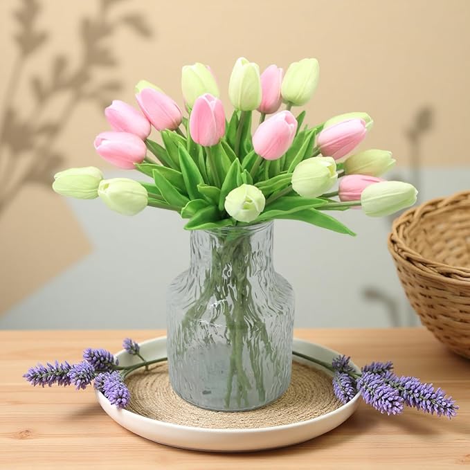 Artificial Flowers 10 Heads Mini Real Touch Artificial Tulip for Home Wedding Party Centerpiece Decoration (Green&Pink)