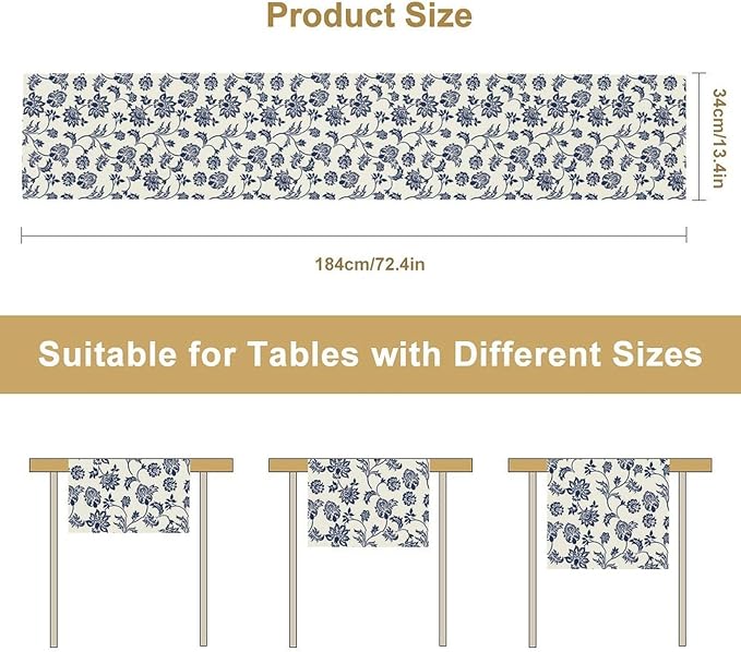 Boho Floral Table Runner, Navy Blue Paisley Flower Traditional Porcelain Vintage Decor Table Runner for Kitchen Dining Party, 13x120 Inch