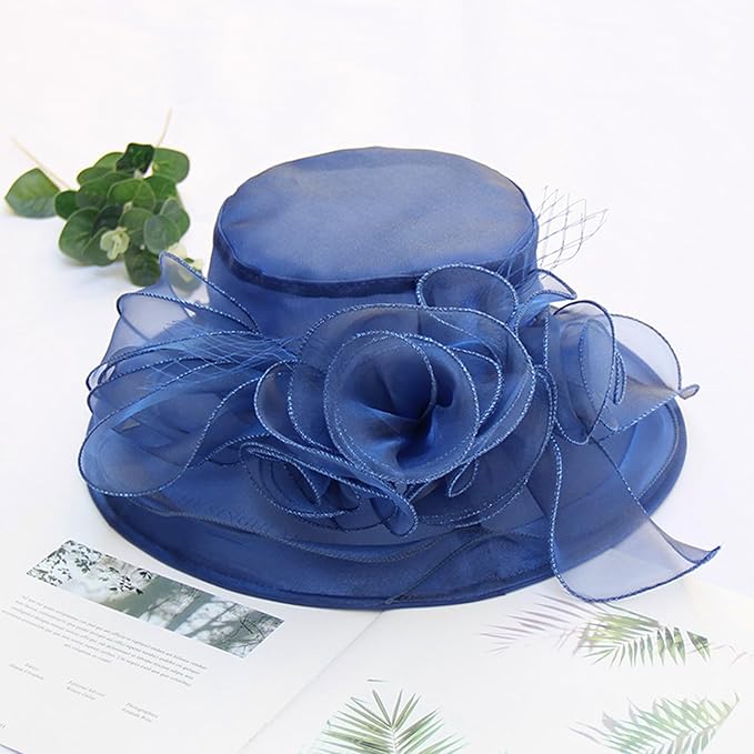Organza Derby Hats for Women Wide Brim Fascinator Hat Rose Flower Wedding Tea Party Hat