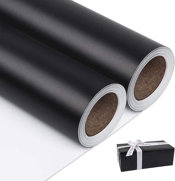 NESCCI Matte Metal Black Wrapping Paper, Solid Color Paper-2 Roll,17.5 Inches X 32.8 Feet Per Roll,Gift Wrapping Paper,Perfect for Wedding,Valentine's Day,Birthday,Baby Shower,DIY Bouquet