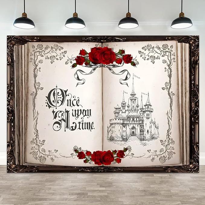 10x5ft Once Upon a Time Backdrop Princess Castle Wedding Party Photography Background Fairytale Book Romantic Story Red Roses Bridal Shower Decorations Birthday Portrait Photo Booth Prop