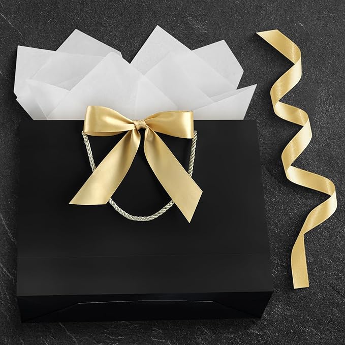 JMANNI Gift Bag, Medium Gift Bags with Tissue Paper, 2Pcs Gift Bags Medium Size with Handle and Bow Ribbon for Any Birthday,Weddings, Mothers Day & Special Occasion 11''x7.87''x4''(Black)