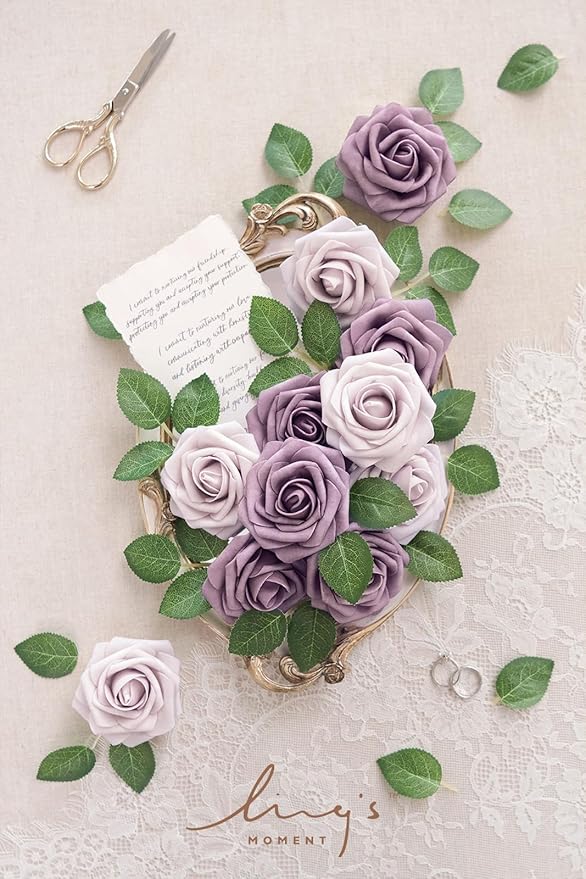 Ling's moment Artificial Flowers 25Pcs Dusty Violet Roses Decor w/Stems,3" Real Touch DIY Foam Floral for Wedding Bouquet/Centerpieces, Outdoors Party Backdrop, Room/Table, and Garden/Pot Decorations