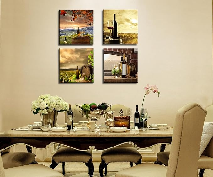Kitchen Wall Decor Canvas Art for Dining Room, Farmhouse Rustic Paintings Vintage Fruit Red Wine Pictures Realism Colorful Artwork Prints for Bar Living Room Decoration - 12"x12"x4 Pcs