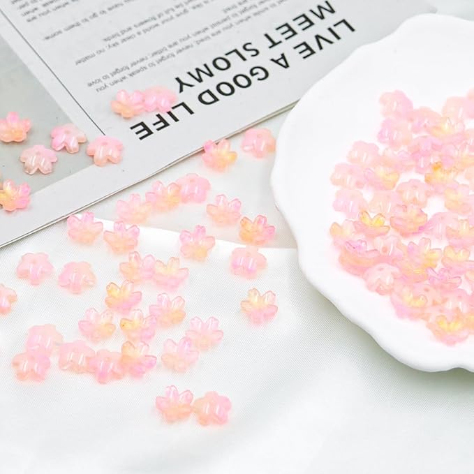 100pcs Glass Flower Beads, Gradient Pink Cherry Blossom Floral Beads for Jewelry Making Bracelets Earrings Necklace Pendant DIY Craft Beading Projects with Hole