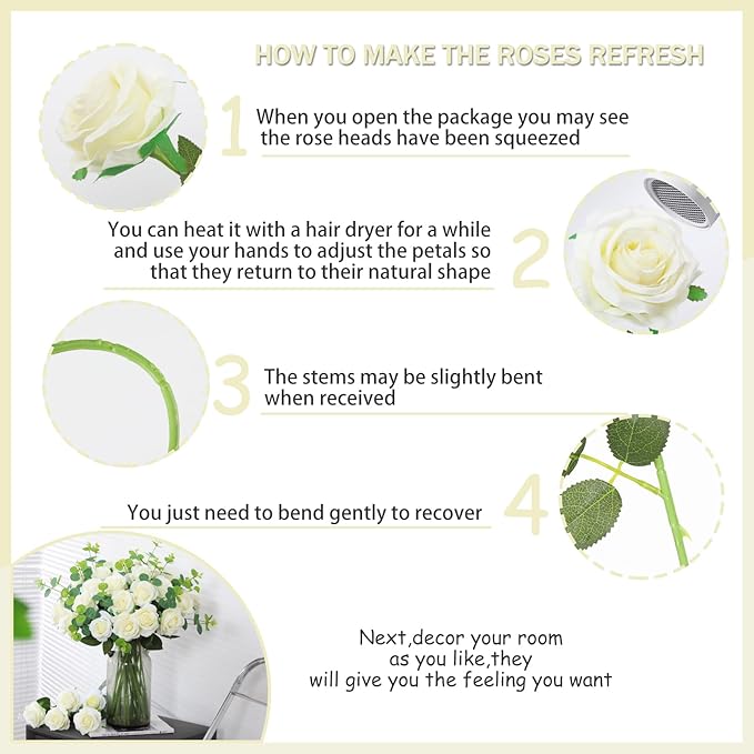 50PCS Artificial Silk Roses Flowers – Realistic Fake Roses in Bulk & Bouquet Long Stem White Rose for Wedding Centerpieces, Home Decor, Floral Arrangements, Party Decoration (White)